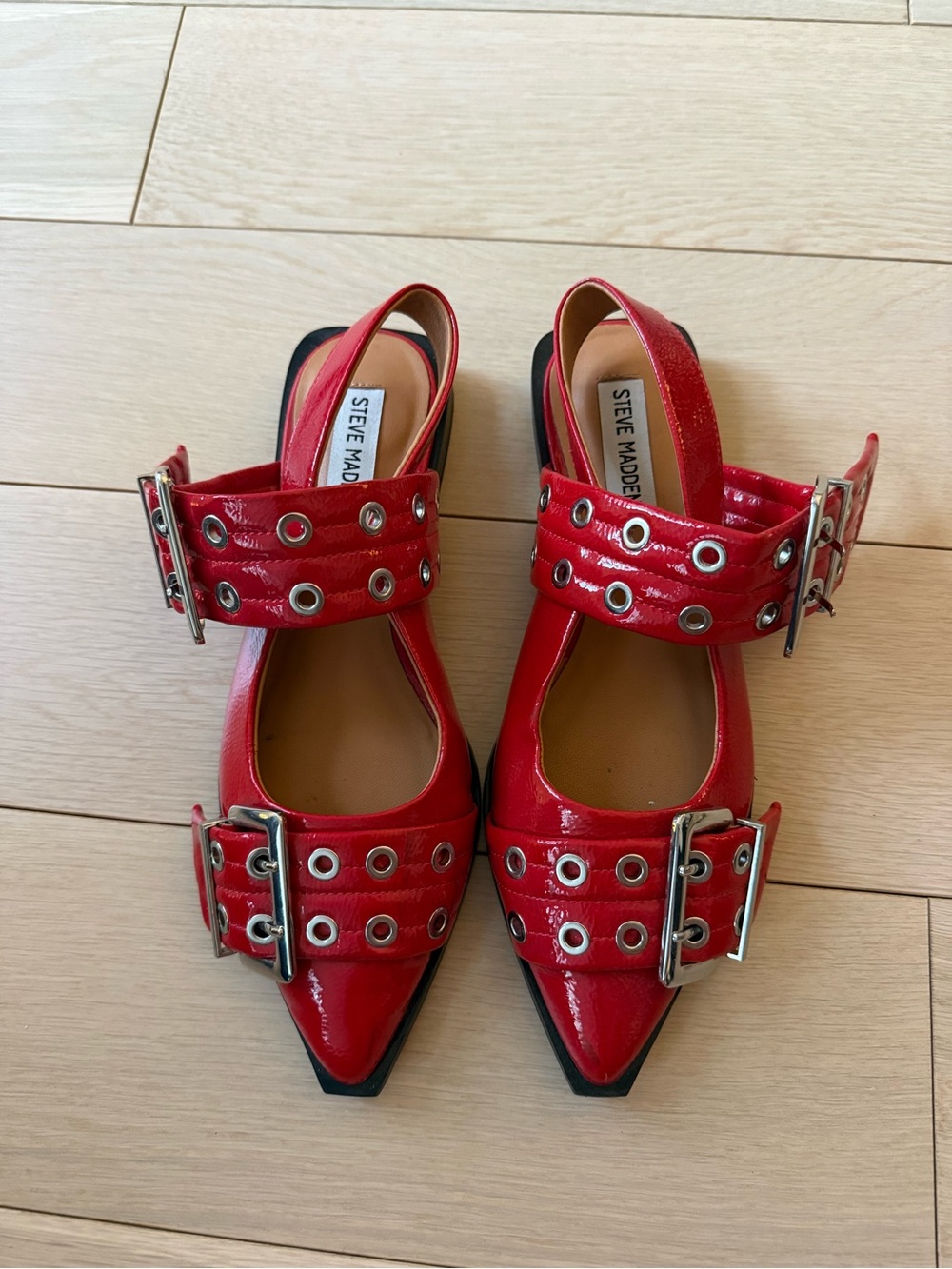 Steve Madden Red Patent Pointed Buckle Slingback Flats